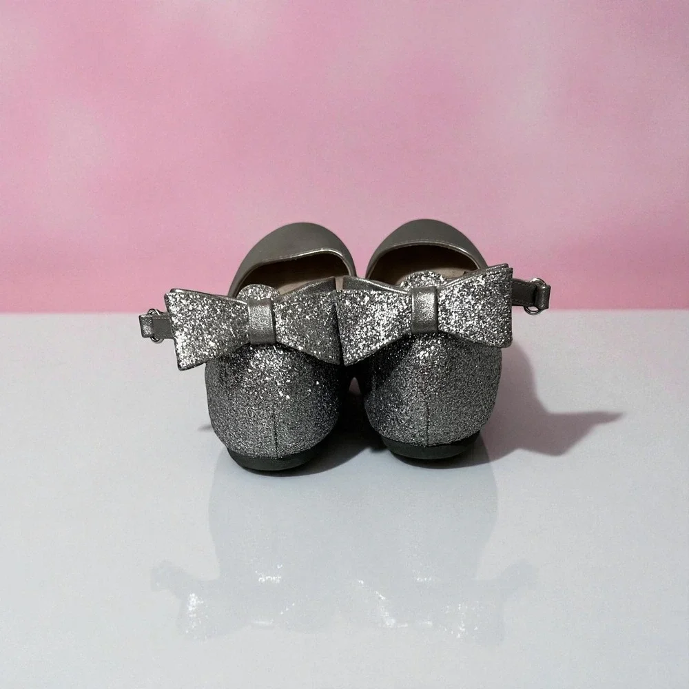Girls Silver Glitter Bow Mary Jane Flats Shoes Kids Size 3 Ballet Dress‎ Shoes